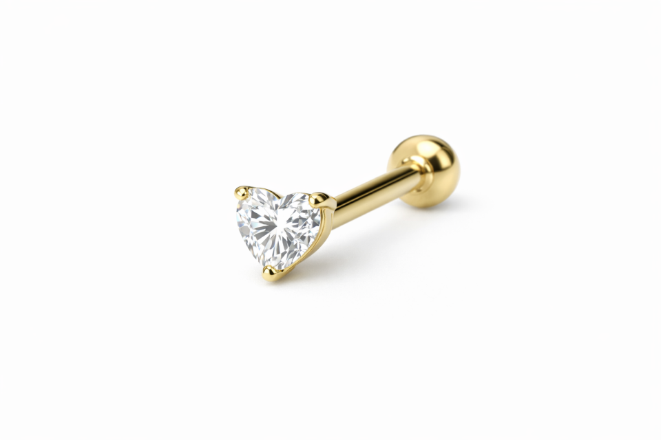 14 Ayar Altın Kalp Zirkon Taşlı Piercing
