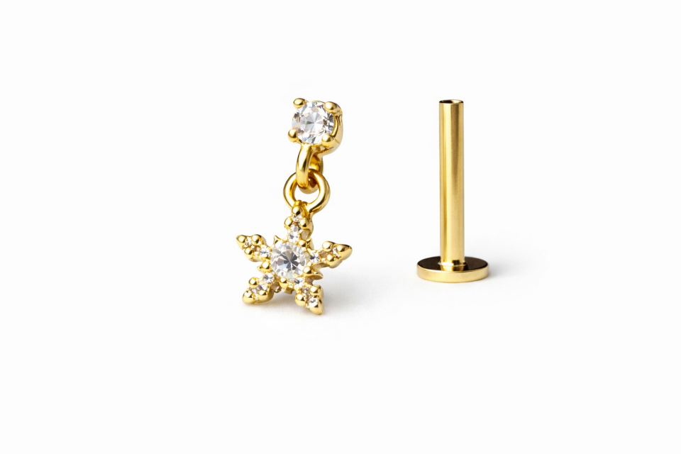 14 Ayar Altın Sallantılı Yıldız Tragus Piercing – Aurora Star Drop Model Helix Uyumlu